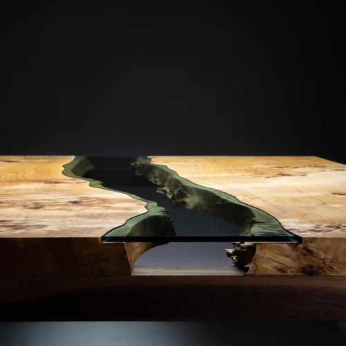 Square Coffee Table in Poplar Burl and American Walnut with Glass Canyon